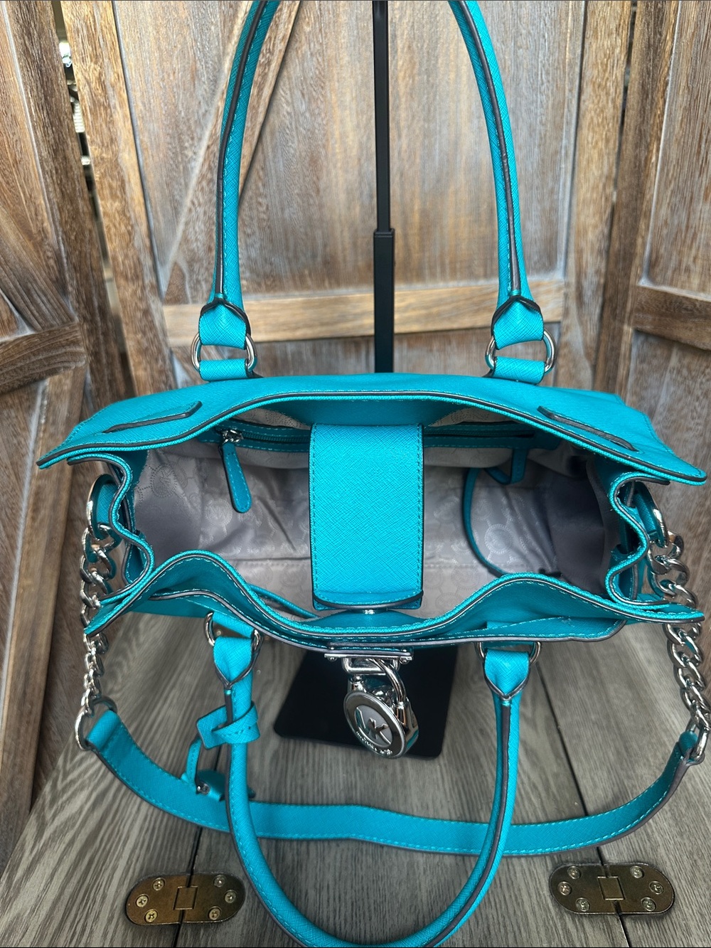 Michael Kors Turquoise Satchel Tote with Silver Padlock & Chain Shoulder Handbag - Picture 8 of 16